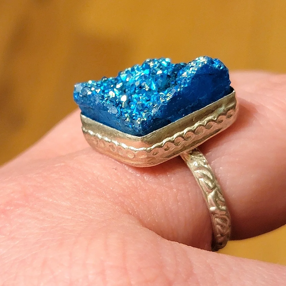 Blue Druzy Crystal Ring Silver Tone Size 11 Handmade 925 ? Signed
